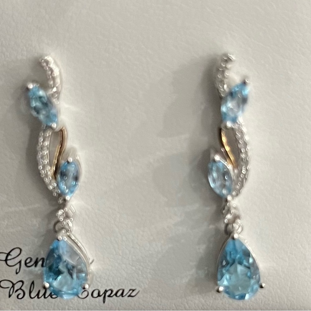 Blue Topaz 14k Gold over Sterling Silver Earrings w/ CR White Sapphires - Picture 4 of 7